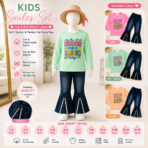 Kids Girls Printed Top & Bell Bottom Jeans 2-Piece Set - Image 3