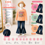 Kids Girls Printed Top & Bell Bottom Jeans 2-Piece Set - Image 2