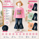 Kids Girls Printed Top & Bell Bottom Jeans 2-Piece Set