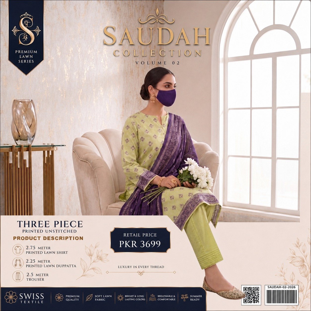 WhatsApp Image 2026-08-22 at 6.55.57 AM (1) Saudah Premium Lawn 3 Piece Unstitched Suit P-2 - Image 1
