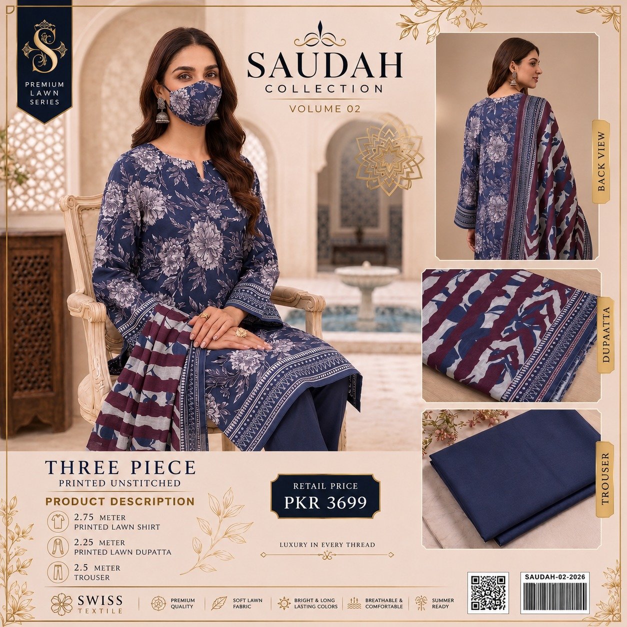 WhatsApp Image 2026-08-22 at 6.55.58 AM Saudah Premium Lawn 3 Piece Unstitched Suit P-4 - Image 1