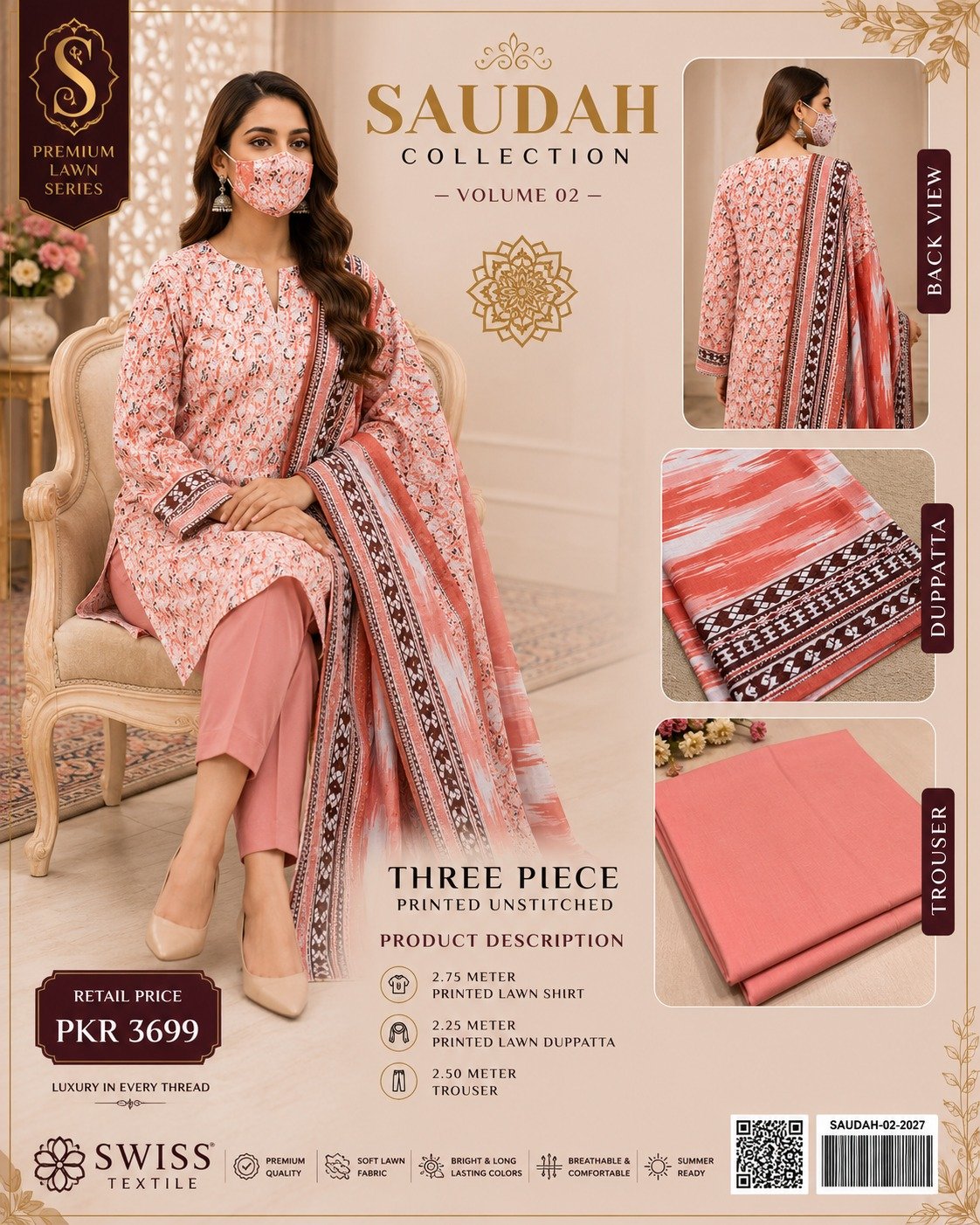 WhatsApp Image 2026-08-22 at 6.56.00 AM (1) Saudah Premium Lawn 3 Piece Unstitched Suit P-7 - Image 1