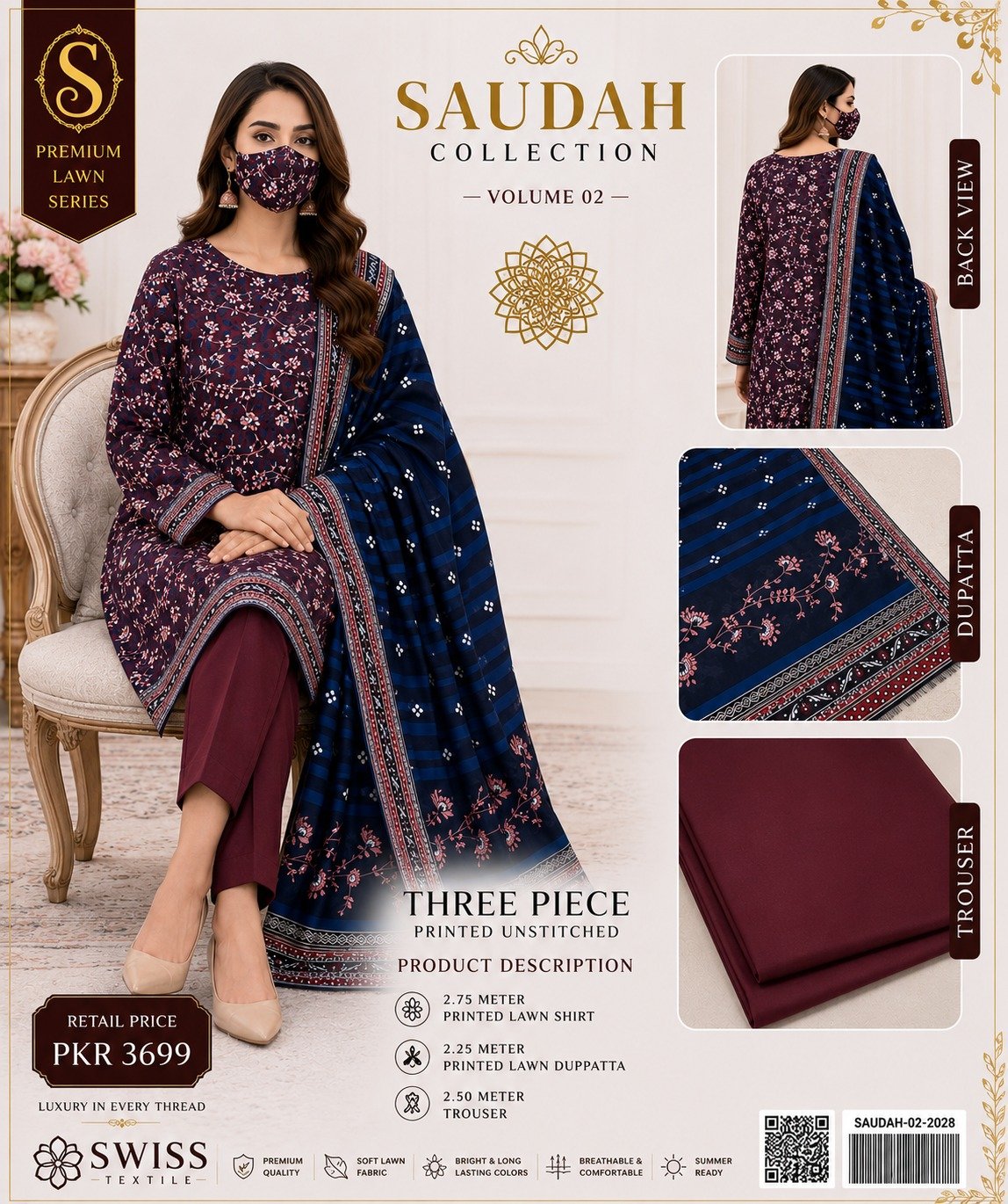 WhatsApp Image 2026-08-22 at 6.56.00 AM (2) Saudah Premium Lawn 3 Piece Unstitched Suit P-9 - Image 1