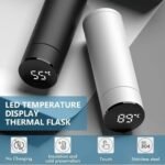 Smart 500ML stainless steel thermal water bottle with a touch LED temperature display. Designed for hot and cold beverages with a sleek, portable body. Available in Black and White.