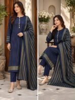 Premium Khaddar Stripe 3 Piece Unstitched Suit - Winter Collection - Image 3
